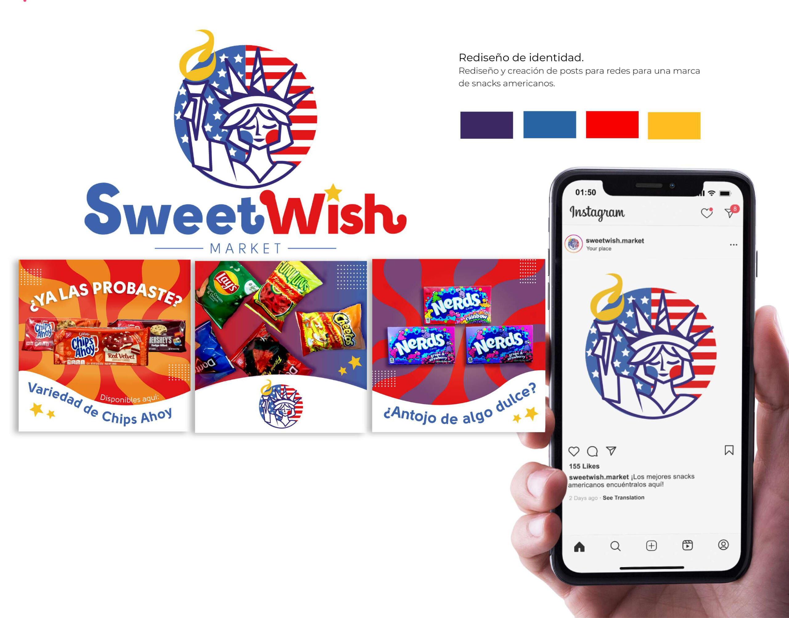 Logo rebrand and social media assets for an American snacks store.